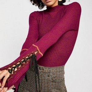 Free People Mountaineer Lace Up Thermal Waffle Top Sweater Wine Red Size XS